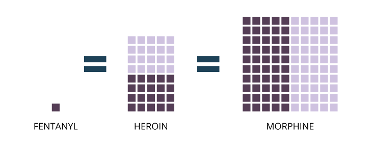 Diagram showing that fentanyl is 20-40 times more potent than heroin and 50-100 times more potent than morphine.