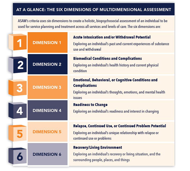 Diagram showing the six dimensions of multidimensional assessment.